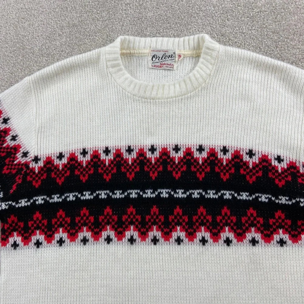 Vintage 60's Rugby Orlon Sweater Mens 42 White Red Black Fair Isle Crew Neck